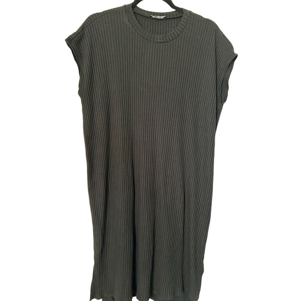 Eileen Fisher Dress Black Cap Sleeve Pullover Stretch Ribbed Oversized Shift‎